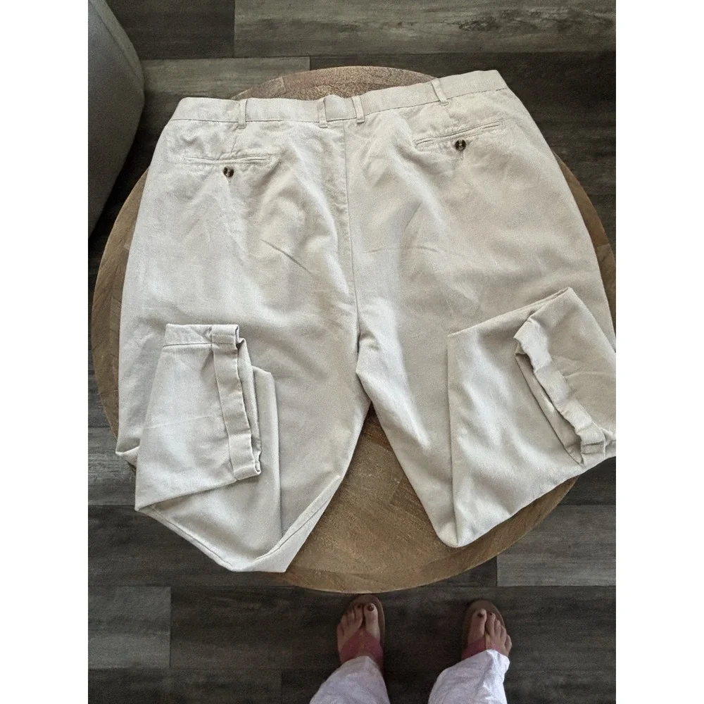 Men's 46x 32 Linen Cotton Pleated Dress Pants Beige Cuffed Irvine Park